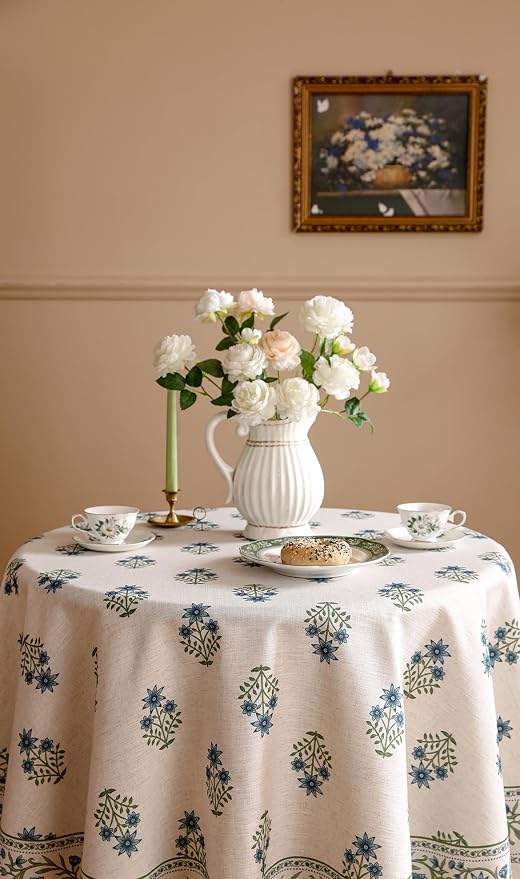 ISAENNE Designer French Linen Round Tablecloth,Diameter 55"-Mosella F | Vintage Elegant Table Cloth for Round Table,Floral Pattern,Durable,Heavyweight,Dining Room,Kitchen,Thanksgiving,Decor
