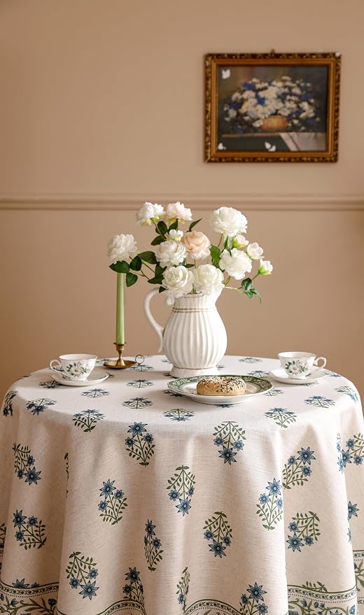 ISAENNE Designer French Linen Round Tablecloth,Diameter 67"-Mosella F | Vintage Elegant Table Cloth for Round Table,Floral Pattern,Durable,Heavyweight,Dining Room,Kitchen,Thanksgiving,Decor