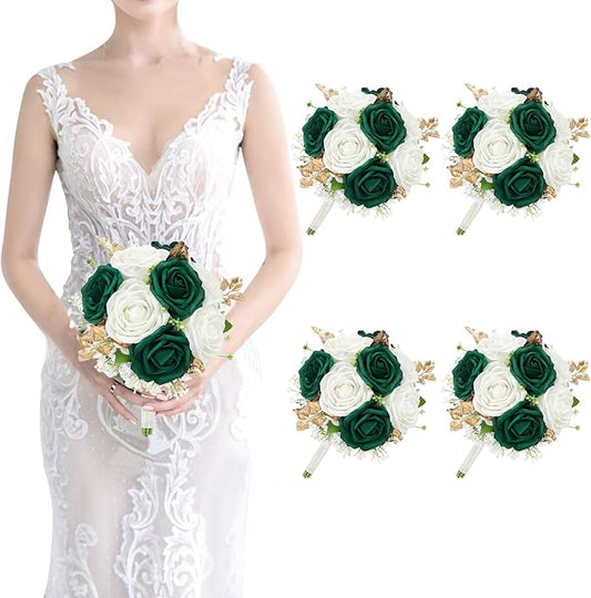 Wedding Bridesmaid Bouquet Set of 4 - Artificial Flowers Bouquets for Bridesmaids Pre-made 7 Inch Faux Small Floral Bouquets Bridal Shower, Wedding, Ceremony, Anniversary - Emerald & White & Gold