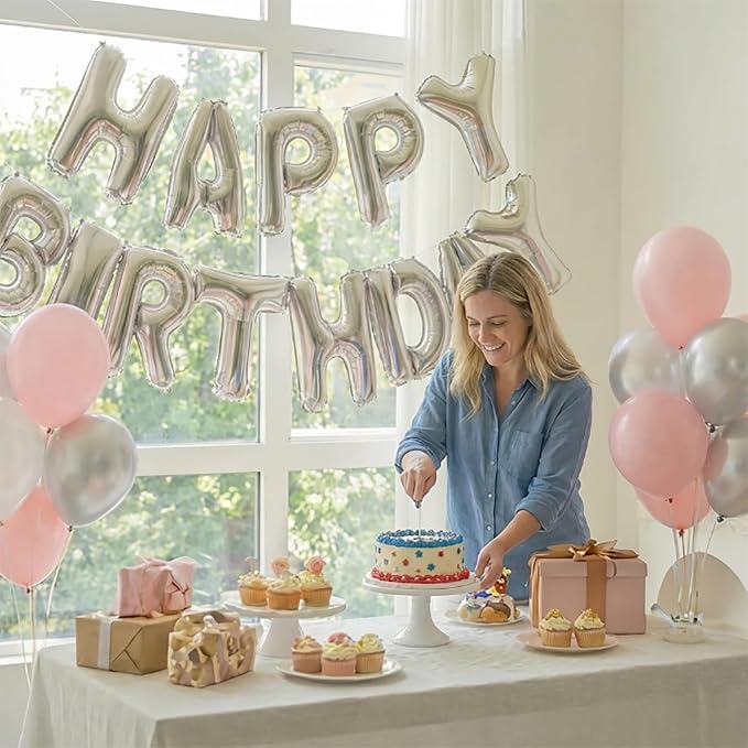 Silver Happy Birthday Banner Foil Letter Balloon, 14 Inch 3D Inflatable Party Decor Reusable Mylar Foil Letters, Birthday Decorations for Women Men Kids (Birthday Banner 3)