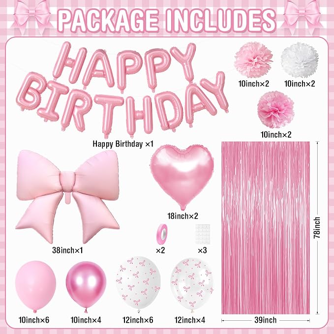 Pink Bow Birthday Decorations for Women Girls, Happy Birthday Balloon Banner with Bow and Heart Foil Balloons Fringe Curtain Tissue Paper Pompoms Garland Party Supplies