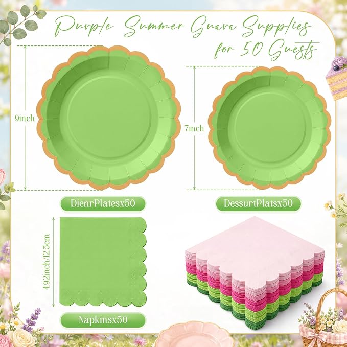 Zhehao 150 Pcs Summer Guava Plates and Napkins Tableware Serves 50 Includes 9 Inch 7 Inch Pink and Green Scalloped Wave Edges Paper Plate and Napkins for Wedding Birthday Baby Shower Party