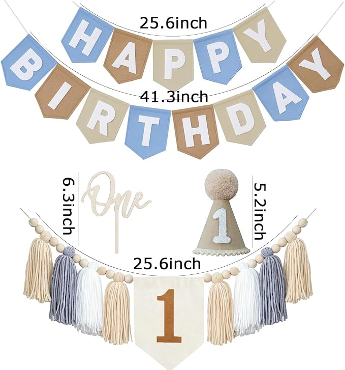 1st Birthday High Chair Banner Decorations - Neutral Felt Banner Set with Cake Topper & Party Hat, First Birthday Party Supplies