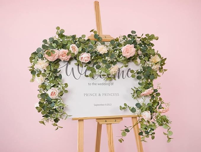 Anna's Whimsy 2PCS 5.91FT Artificial Eucalyptus Garland with Flowers, Fake Rose Gypsophila Garland, Faux Floral Garlands Greenery for Wedding Spring Home Party Table Runner Decor (Pink)