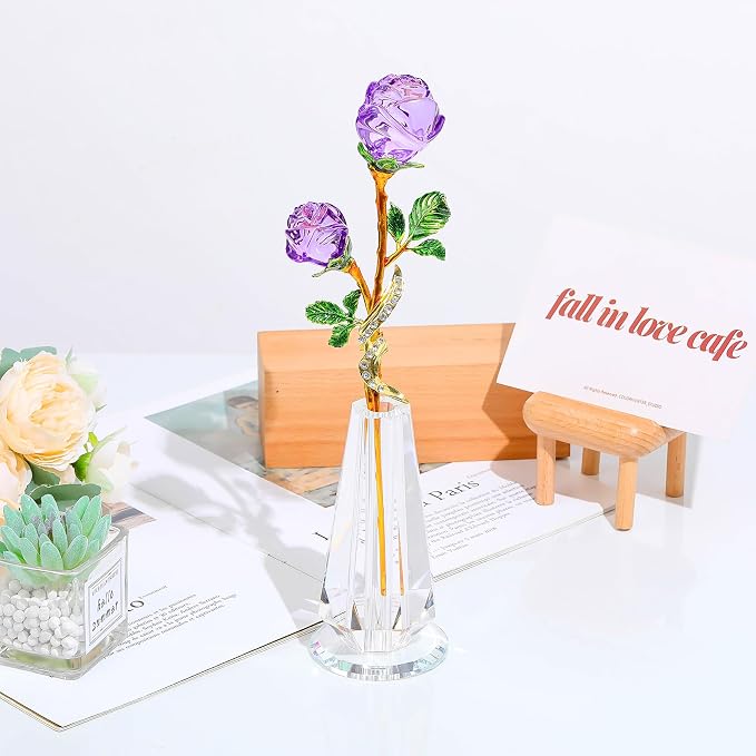 YWHL Handmade Purple Rose Flower Crystal Figurine with Vase, Bouquet Glass Flowers Ornament Rose Gifts for Wife Women, Crystal Flower Home Table Decor for Anniversary Mother's Day Wedding
