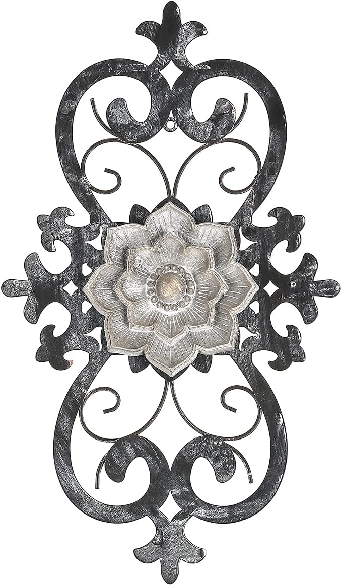 Metal Flowers Wall Art, 15.75” x 9” Metal Scroll Floral Wall Decor, Hanging Wall Sculpture with Wooden Bohemian Flower, Iron Wall Decoration for Living Room Kitchen, Outside Wall Decor for Garden