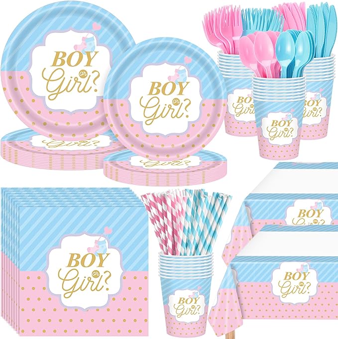 Potchen 452 Pcs Party Supplies Serve 50 Guests, Paper Plates Napkins Cups Cutlery Plastic Tablecloth Dinnerware for Birthday Wedding Party Decoration(Blue and Pink, Boy or Girl)
