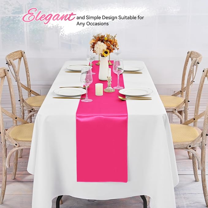 24 Pack Hot Pink Satin Table Runners 12 x 108 Inch Long Table Runners for Rectangle Round Tables,Smooth Satin Table Runner for Wedding,Birthday Party Banquets Graduation Engagements Decoration