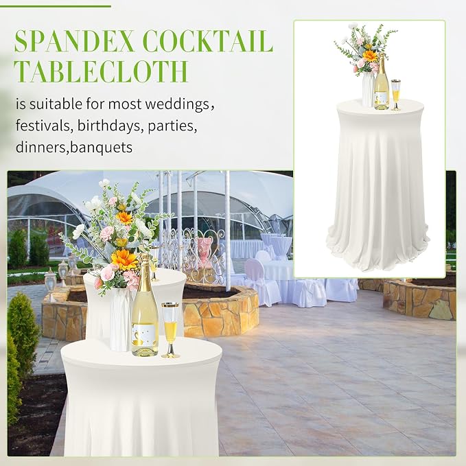 Tegeme 4 Packs Round Spandex Cocktail Tablecloths with Skirt 32 x 43 Inch Cocktail Round Table Cover Spandex Stretch Square Tablecloth Skirt for Table Bar Wedding Party Banquet(Ivory)