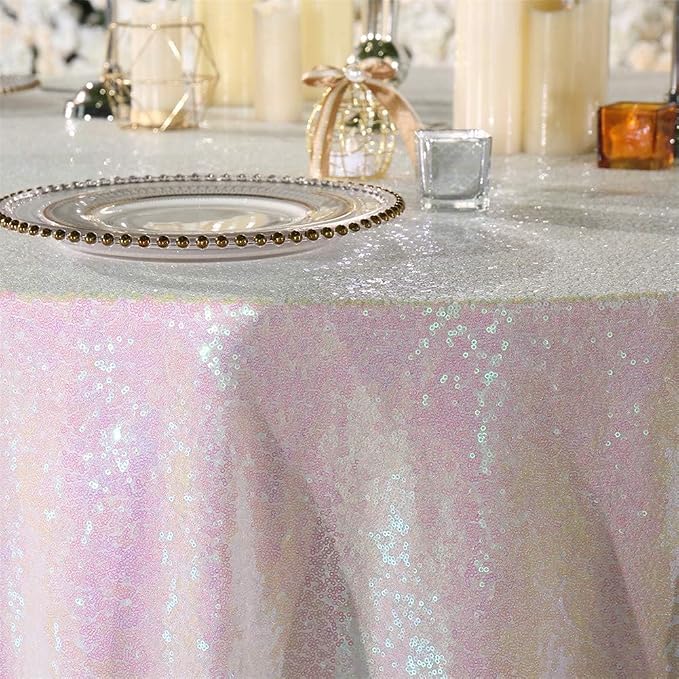 Sequin Tablecloth for Parties 132 Inch - Sparkle Glitter Cloth Round Table Cover Overlay for Wedding Baby Shower Ceremony Birthday Cake Table Holiday Banquet Decoration(Iridescent)