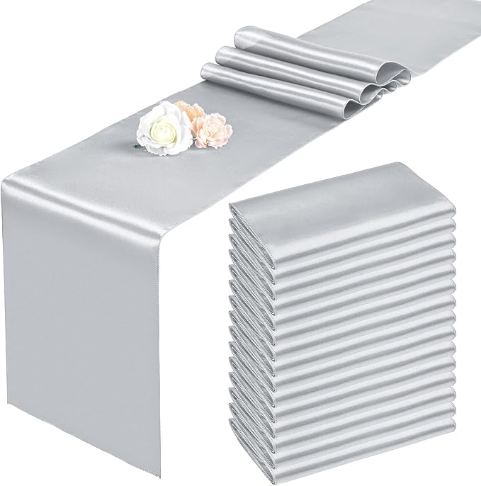 15 Pack Satin Table Runners 12 x 108 Inch Long Silver Table Runners for Rectangle Round Tables,Smooth Satin Table Runner for Wedding,Birthday Party Banquets Graduation Engagements Decoration