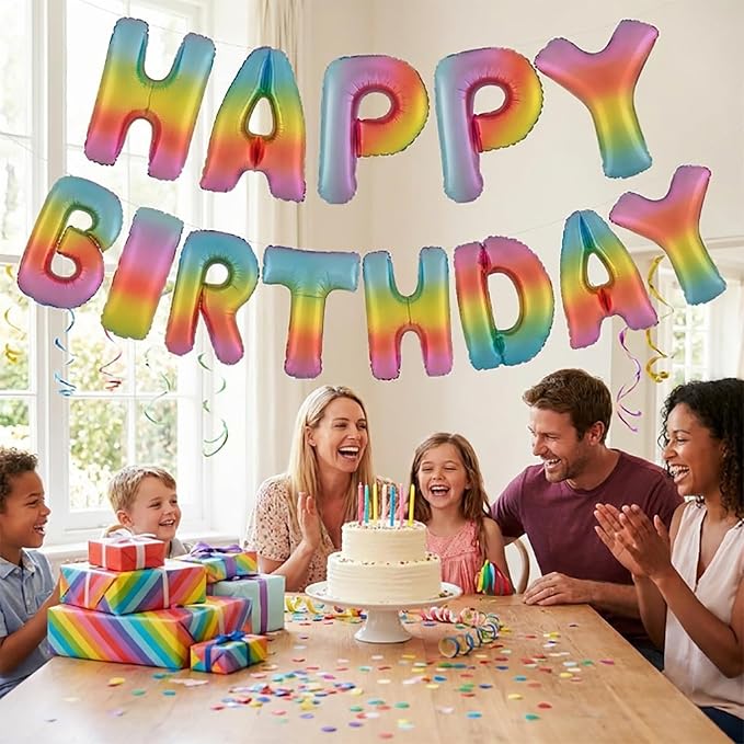 Rainbow Happy Birthday Banner Foil Letter Balloon, 14 Inch 3D Colorful Patterned Reusable Mylar Foil Letters, Birthday Decorations (Birthday Banner 4)
