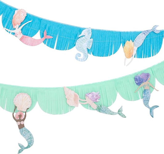Meri Meri Mermaid Fringe Party Banner (Pack of 2), 8.5' Party Garland Including Excess Cord, Mermaid Party Decorations