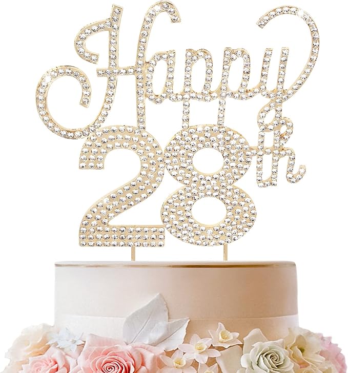 LINGTEER Happy 28th Birthday Gold Rhinestone Cake Topper - Cheers to 28th Birthday 28 Years Old Anniversary Party Cake Centerpieces Topper Decorations Gift Sign.