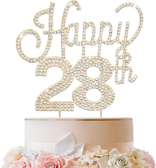 LINGTEER Happy 28th Birthday Gold Rhinestone Cake Topper - Cheers to 28th Birthday 28 Years Old Anniversary Party Cake Centerpieces Topper Decorations Gift Sign.