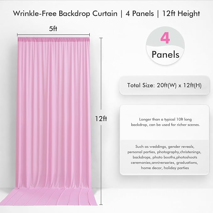 20ftx12ft Wrinkle Free Pink Backdrop Curtain, 4 Panels 12FT Height Pastel Pink Drapes for Wedding Backdrop, Silky Polyester Photo Back Drop Cloth for Birthday Party Photography Background