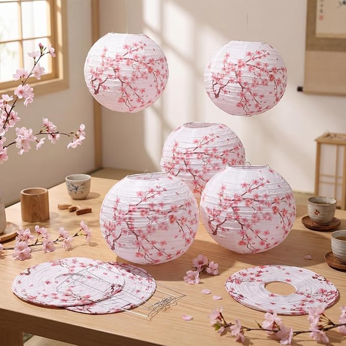 Honoson 12 Pcs Cherry Blossom Paper Lanterns Spring Floral Cherry Blossom Party Decorations Hanging 10 Inch Chinese Lanterns for Wedding Bridal Shower Baby Shower Tea Party Decorations