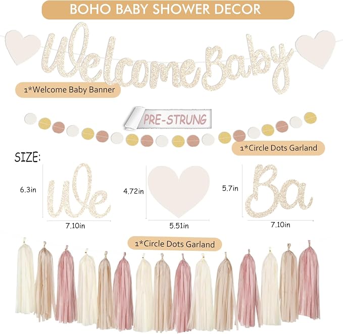 Champagne-Gold Boho Baby Shower Party Decoration -Welcome Baby Banner with Neutral Paper Lanterns, Girl Tassel Garland, Honeycomb Balls, Paper Flowers, Fans, Hanging Swirls Beige Peach Backdrop Décor