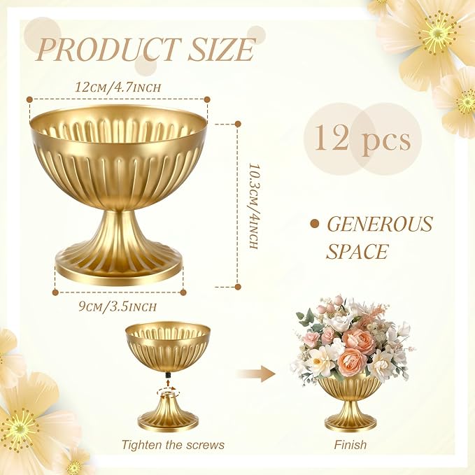 Ziliny 12 Pcs Gold Vases for Centerpieces 4.7" Wide 4" High Metal Compote Vases Bulk Wedding Table Centerpiece Flower Pot Vintage Floral Arrangements for Weddings Anniversaries Party Home Decor