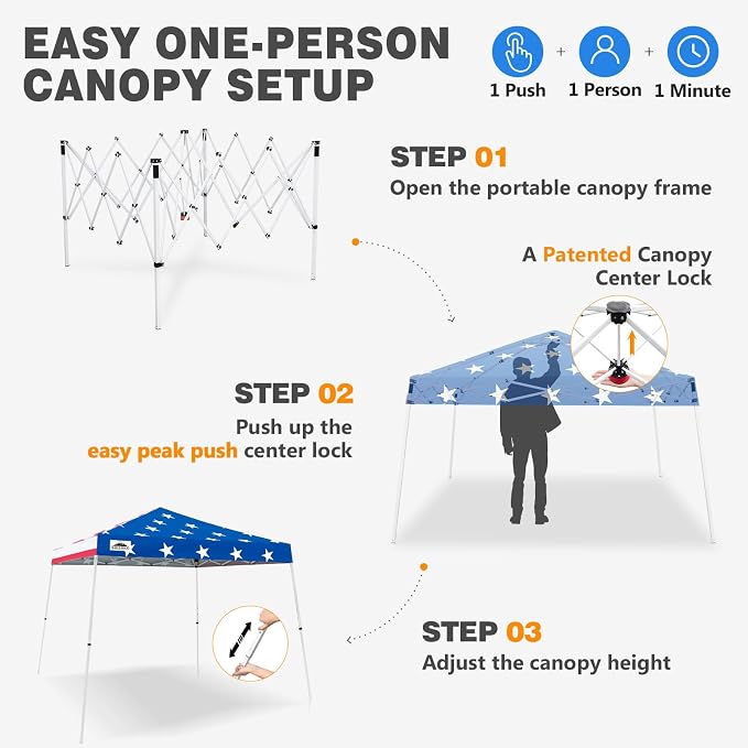EAGLE PEAK 10x10 Slant Leg Pop-up Canopy Tent Easy One Person Setup Instant Outdoor Beach Canopy Folding Portable Sports Shelter 10x10 Base 8x8 Top (American Flag)