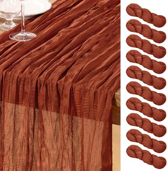 DeZerlor Terracotta Cheesecloth Table Runner Burnt Orange 10 Pack Spring Easter Table Runners 120 Inches Rust Cheese Cloth Table Decor for Wedding Bridal Baby Shower Parties