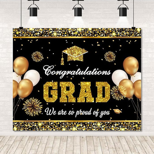 Graduation Backdrop 10x8ft Class of 2026 Black Gold Congrats Grad Party Banner Background Congratulations Bachelor Cap Prom Graduation Party Decorations Supplies Photo Booth Banner