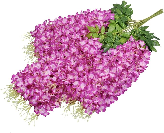 Pauwer Wisteria Hanging Flowers 12 Pack Fake Flower Garland Artificial Wisteria Vines Rattan Silk Flower String Wedding Party Wall Decorations,Fuchsia