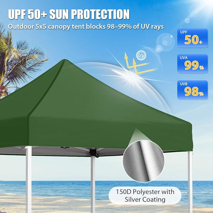 EAGLE PEAK 5x5 Pop Up Canopy Tent Instant Outdoor Canopy Easy Set-up Straight Leg Folding Shelter, Green