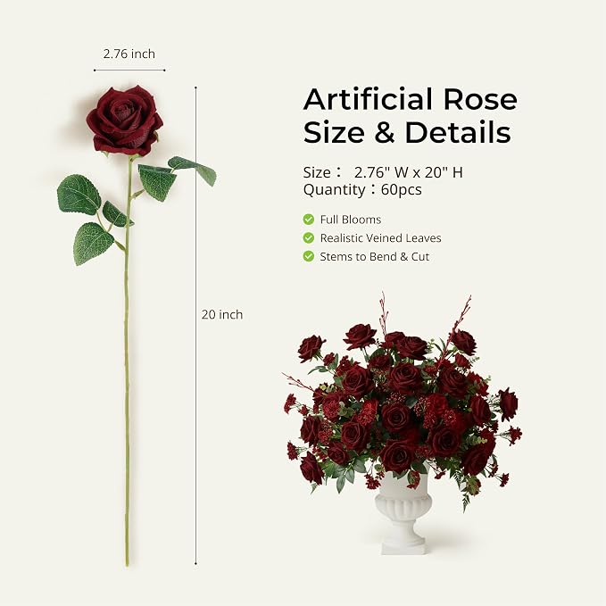 Auihiay 60PCS Burgundy Artificial Roses Bulk, Velvet Silk Fake Roses, Lifelike Burgundy Faux Rose for Father's Day, Wedding Centerpieces, Cake, Bridal Bouquets, Anniversary, Home Decorations
