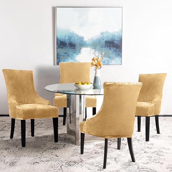 Lellen Velvet Stretch Wingback Chair Cover - Reusable Wingback Side Chair Slipcover Chair Seat Cover Chair Protector Cover for Dining Room Banquet（Beige, 4PC