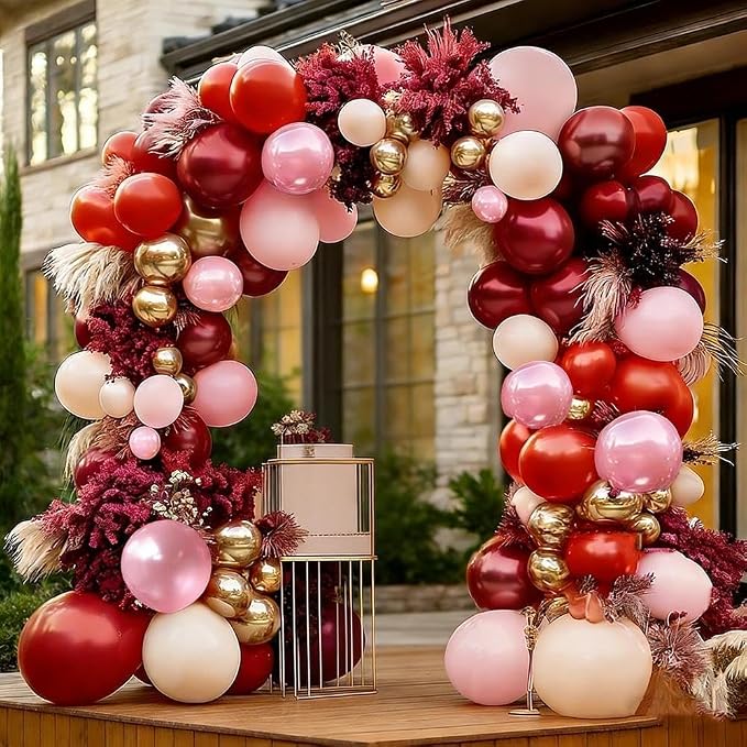 Red Pink Balloon Garland Double Stuffed Burgundy Pink Gold Pearl Balloons Rose Red Blush Nude Balloon Arch for Birthday Bridal Shower Wedding Engagement Graduation Party Decorations