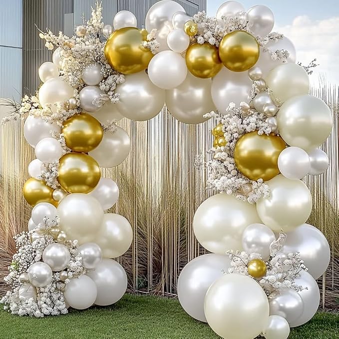 White and Gold Balloon Garland - Double Stuffed Pearl Sand White Gold Balloons Arch Kit 5 12 18 inch for Birthday Graduation Bar Mitzvah Bachelorette Wedding Baby Shower Party Decorations