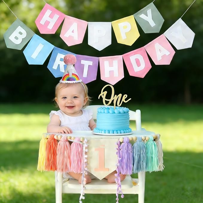 Pastel Rainbow 1st Birthday High Chair Decorations- Boho Macaron Felt Happy Birthday Banner First Birthday Highchair Banner With One Cake Topper & Party Hat, 1st Birthday Party Decorations