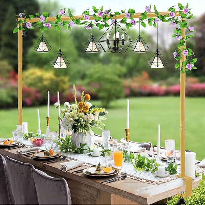 OurWarm 8.2 Ft Adjustable Wedding Backdrop Stand, 2-in-1 Floor Arch & Over-the-Table Rod, Gold Metal Square Background Frame, Photo Backdrop Balloon Arch Stand for Birthday Party Baby Shower Decor
