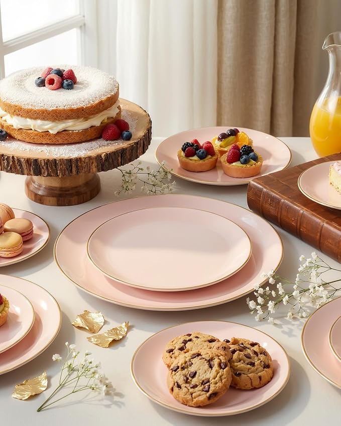 bUCLA 100PCS Pink Plastic Plates - Pink Disposable with Gold Rim - Include 50 Each (10 inch Dinner & 7 inch Dessert) Plates, Ideal for Party, Wedding & Birthday