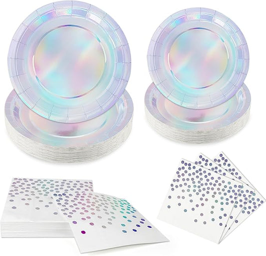 150 PCS Iridescent Party Supplies, Holographic Disposable Paper Plates Napkins, Iridescent Rainbow Tableware Set for Bachelorette Wedding Birthday Baby Shower Party Decor Supplies, Serves 50 Guests