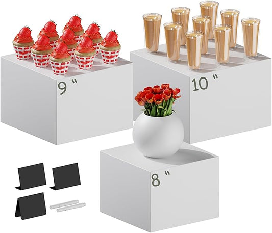3 PCS 10" 9" 8" White Buffet Risers with Mini Sign and Makers, Large Food Risers for Buffet Table, Display Shelf Stands for Party, Catering, Dessert, Jewelry Collectibles, Nesting Cube Boxes with Hollow Bottoms Set