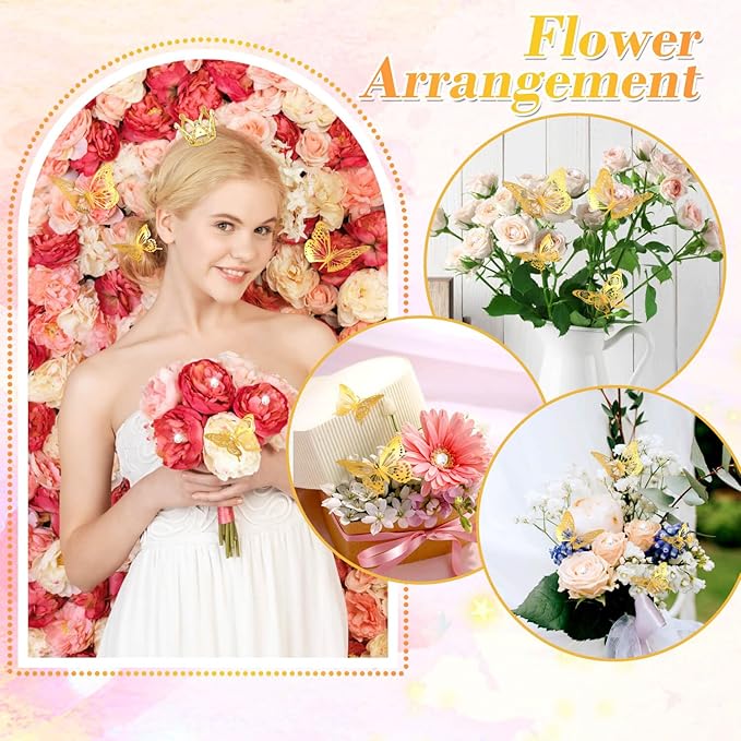 cridoz 164Pcs Flower Bouquet Accessories, 16Pcs Crowns for Flower Bouquets with 48Pcs Gold Butterfly Decorations and 100Pcs Diamond Pins for Flower Arrangements, Cake Topper Decor