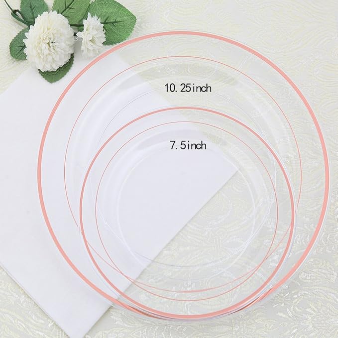 I00000 50 Pcs Rose Gold Plastic Plates, Disposable Party Set Include: 50 Clear Plastic Plates with Rose Gold Trim for dinner and dessert Perfect for Holidays, Wedding & Party Supplies