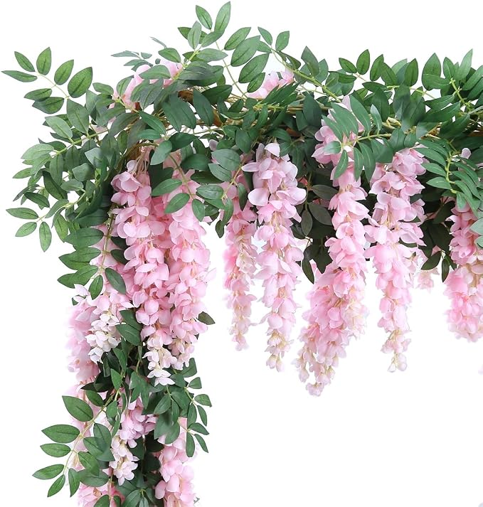 1pc/2pcs Encrypted Flower Vine Wisteria Artificial Flowers Garland,White Wisteria Hanging Flowers Flower Garland Decorations for Home Garden Outdoor Ceremony Wedding Arch Decoration (Pink, 1pc)