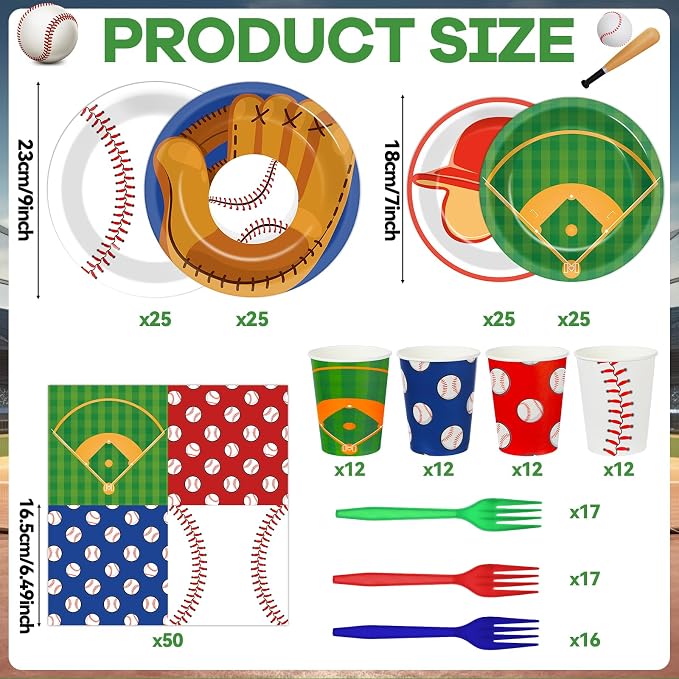 250 Pcs Baseball Birthday Party Decorations Baseballs Disposable Party Tableware Sets Including Plates Cups Napkins Baseball Sports Theme Dinnerware for Sports Birthday Parties Supplies Serves 50