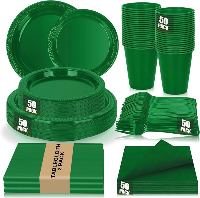 Green Plastic Plates for Party,50 Guest - 7&9inch Plates,Napkins,Forks,Cups & Tablecloths,Disposable Party Supplies for Birthday,Picnic,Christmas,Summer Activities