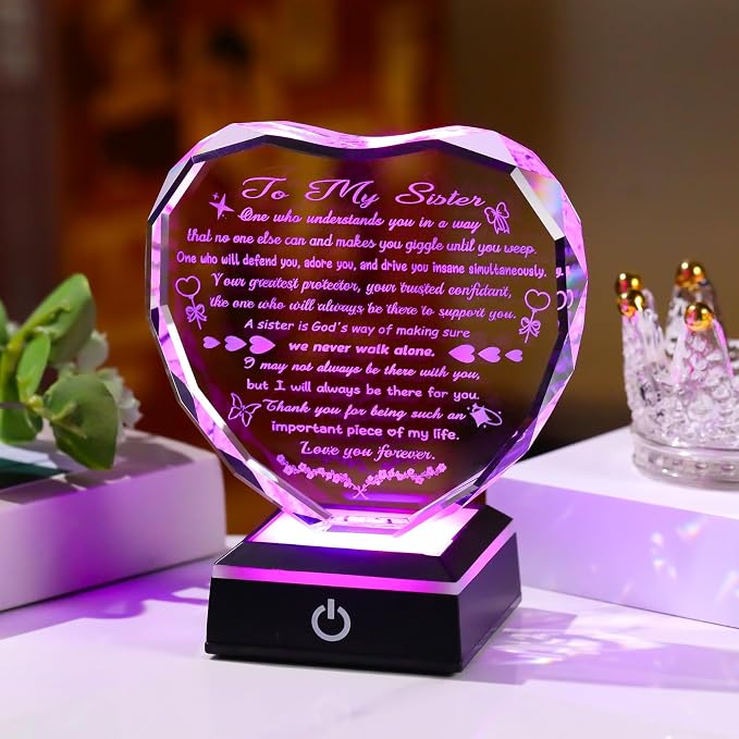 Arikyrist Birthday Gifts for Sister Crystal Heart Keepsake with LED Light Base Sister Gifts from Sisters Brother on Christmas Graduation Wedding