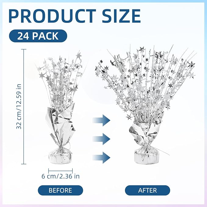 24 Pack Silver Metallic Foil Spray Centerpiece Star Table Decoration Burst Table Centerpieces for Birthday New Year Wedding Anniversary Graduation Party Supply (Silver)