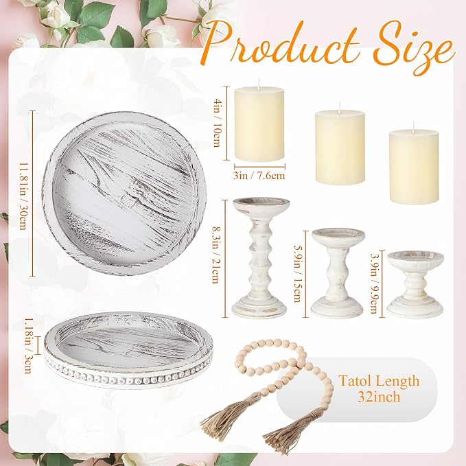 Reallnaive 8 Pcs Farmhouse Wood Candle Holders with Pillar Candles Set Wooden Rustic Candle Holders Round Decorative Serving Tray Bead Garland with Natural Wood Tassels for Table Centerpiece(White)