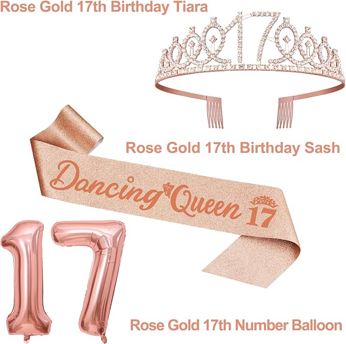 Dancing Queen Party Decorations 17 with Dancing Queen Sash and Tiara, Cake Topper and Candles, Number Balloons, 17th Birthday Decorations for Girls, 17 Year Old Gifts for Girls