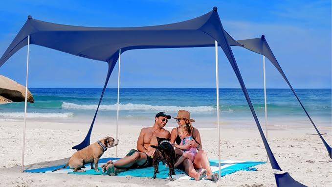Sun Ninja Beach Tent Sun Shelter UPF50+ - Easy Pop Up Beach Canopy - Outdoor Shade for Camping Trips, Fishing, Backyard Fun Picnics - Sand Shovel, Ground Pegs & Stability Poles