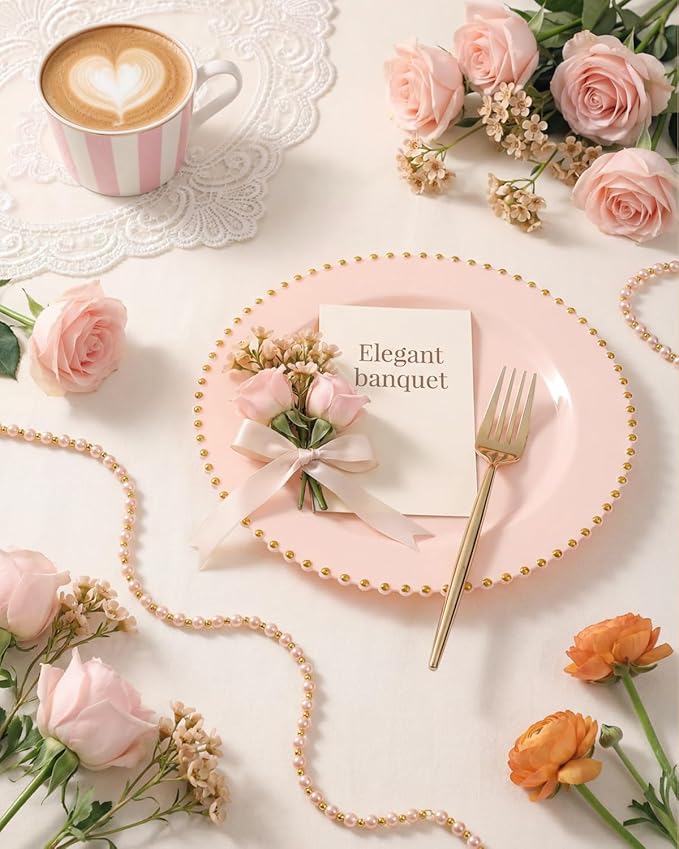 180pcs Pink Plastic Plates with Gold Beads,Elegant Heavy Duty Disposable Plates,Pink and Gold Dinnerware Set Include 10.25" Dinner Plate and 7.5" Dessert Plate with Plastic Silverware and Cups Party