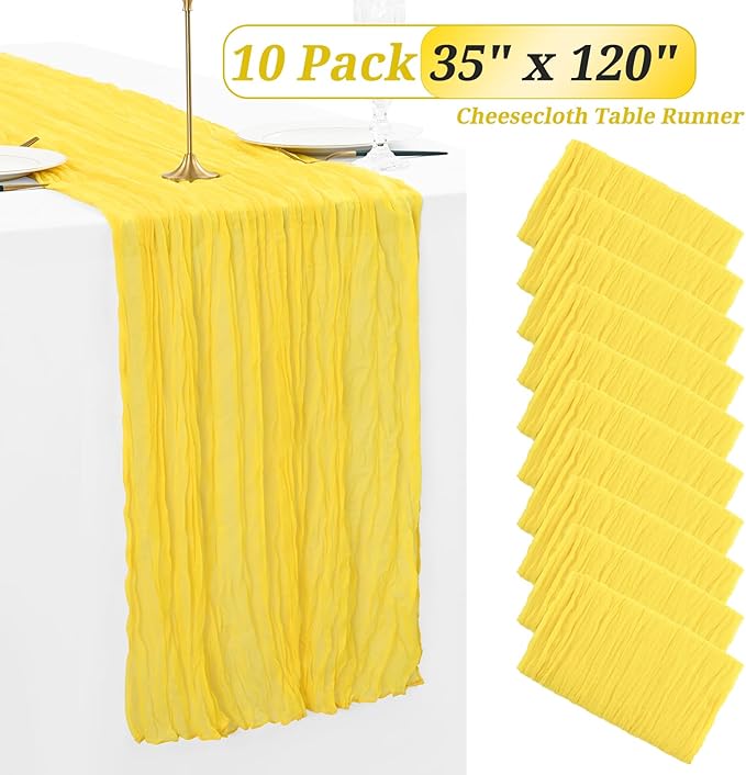 Showgeous 10 Pack Yellow Cheesecloth Table Runner, 10FT Long Semi-Sheer Boho or Rustic Gauze Table Runner Wedding Table Decor for Wedding Arch Draping Bridal Shower Holiday Party