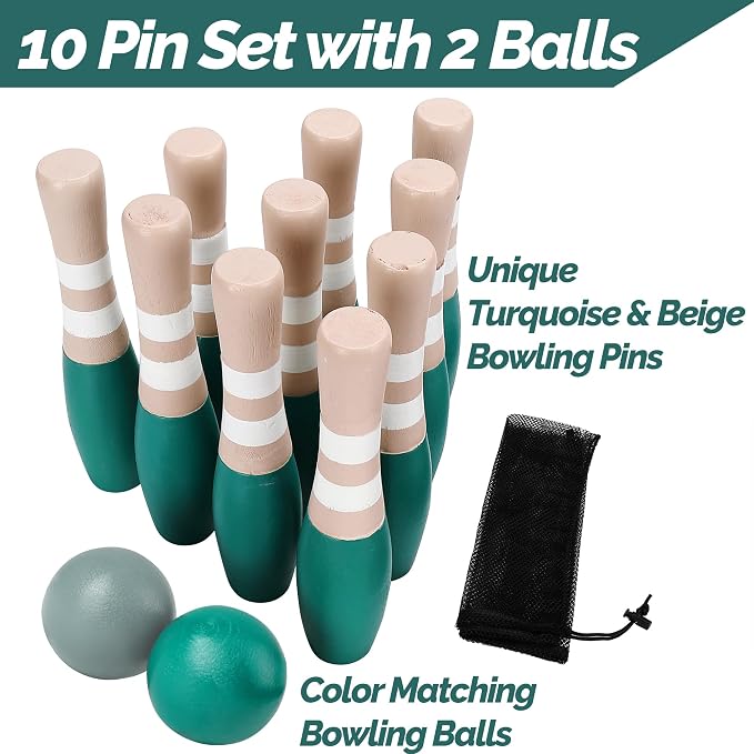 Sterling Sports Wooden Lawn Bowling 9" Skittles Set with Carrying Mesh Bag for Indoors and Outdoors - 10 Wooden Pins and 2 Balls, Green/Turquoise and Gray